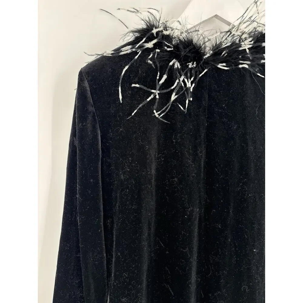 Jackie Jon Vintage Cardigan Sweater Womens Medium Black Velvet Feather Collared